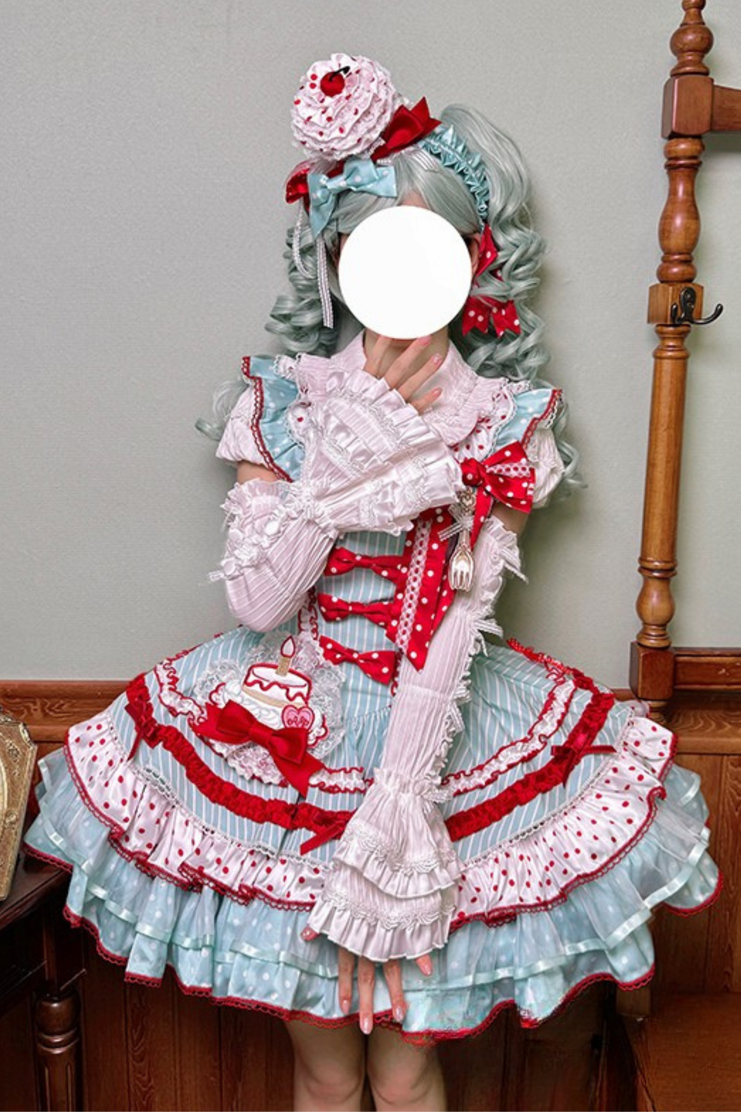 [pre-order Deadline: April 3] Twin Tiered Lolita Dot Ribbon Striped Dress + Flower Bud Skirt Dress