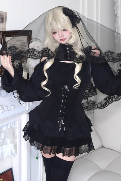 Dark Night Rose Lace Off Shoulder Top + Skirt