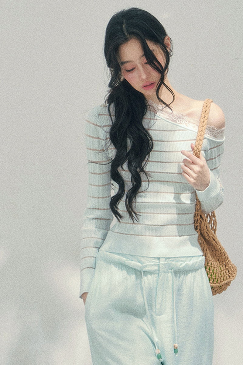 One Shoulder Glance Lace Striped Top
