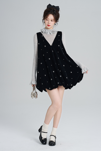 French Black Velvet Ribbon Balloon Dress