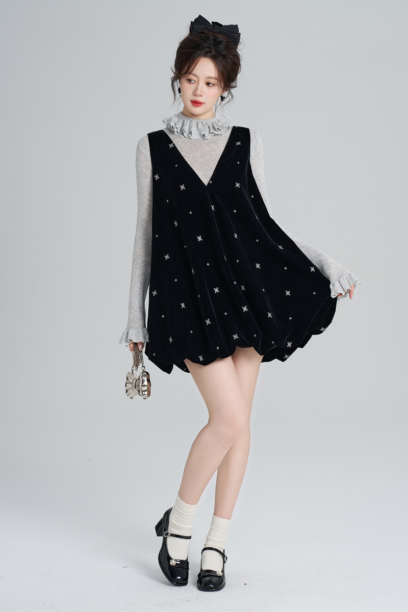 French Black Velvet Ribbon Balloon Dress