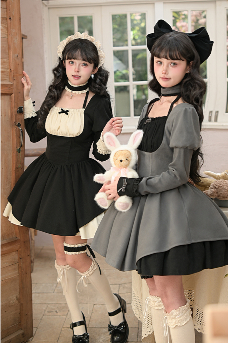 Twin Ruffle Maid Lolita Dress + Apron + Choker + Headband + Bow + Leg Warmers
