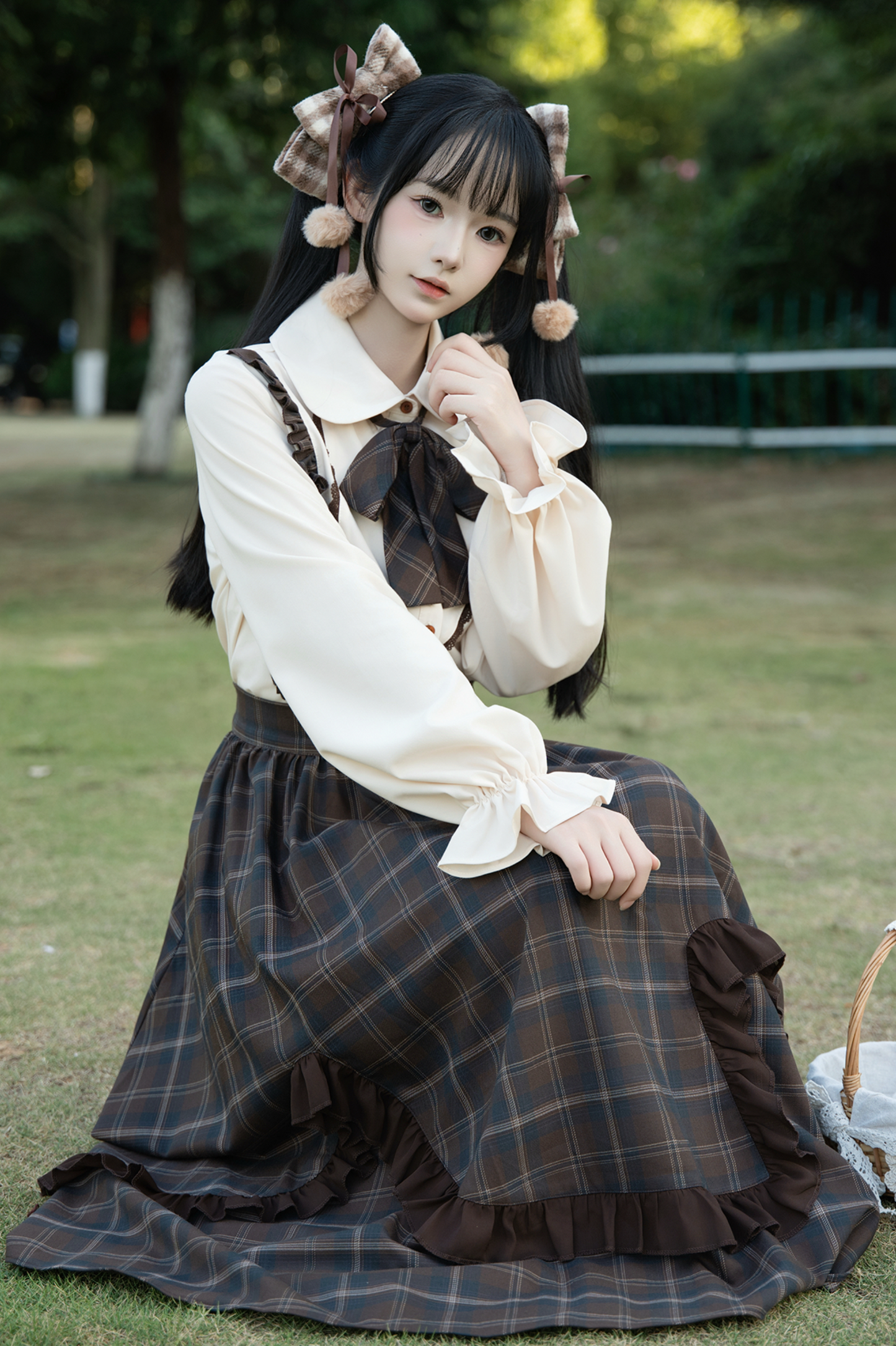 Retro Girly Plaid Skirt + Ruffle Blouse