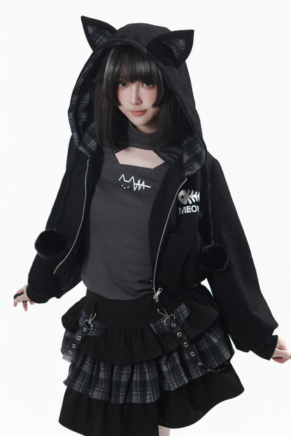 Cat Ear Jacket + Tiered Skirt + Top + Striped Leg Warmers