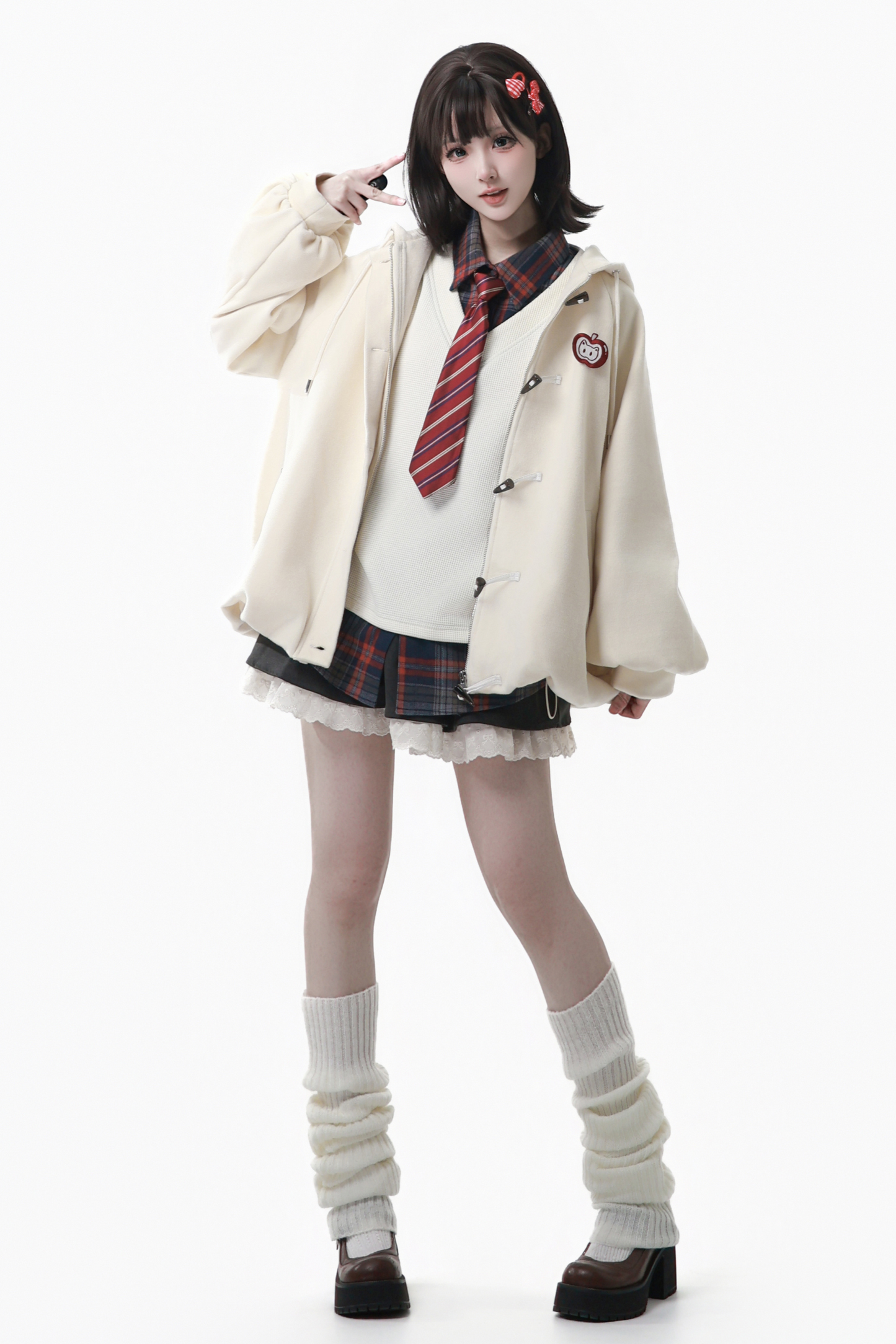 Apple Black Tea Fleece Coat + Hoodie + Long Skirt + Short Skirt + Hood Scarf