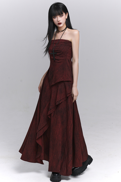 Dark Red Bandeau + Long Skirt
