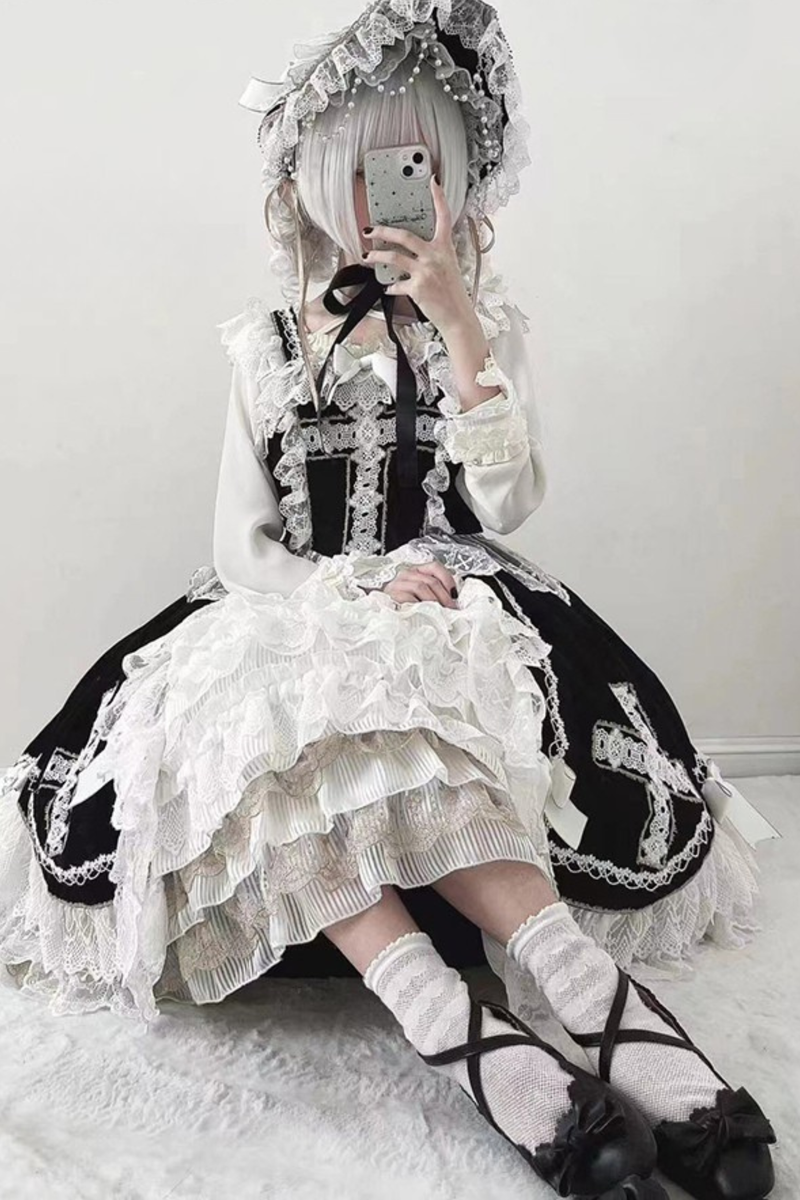 Gothic Doll Lace Jumper Skirt + Bonnet + Shawl
