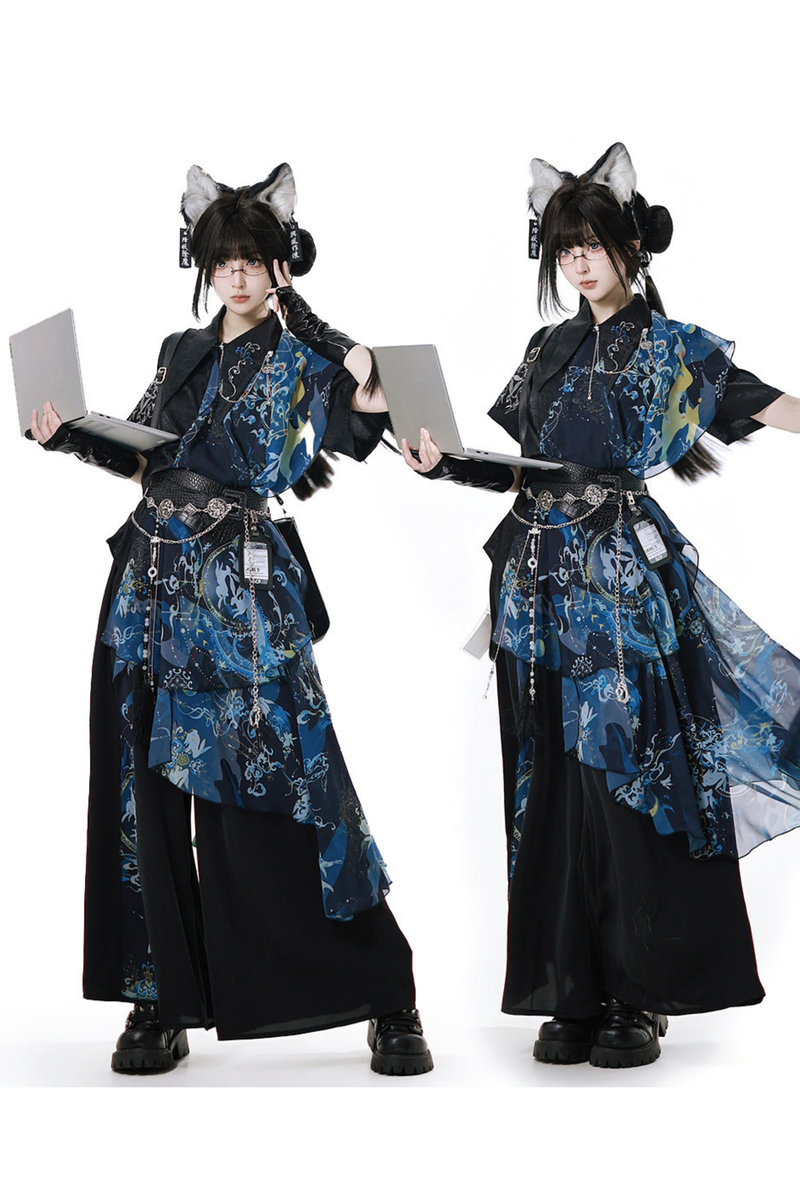 Dark Chinese-style Shirt + Wide Leg Pants + Chain + Belt