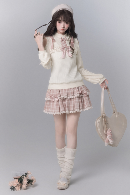 Sweet Off Shoulder Knit Top + Checkered Skirt + Bow Tie