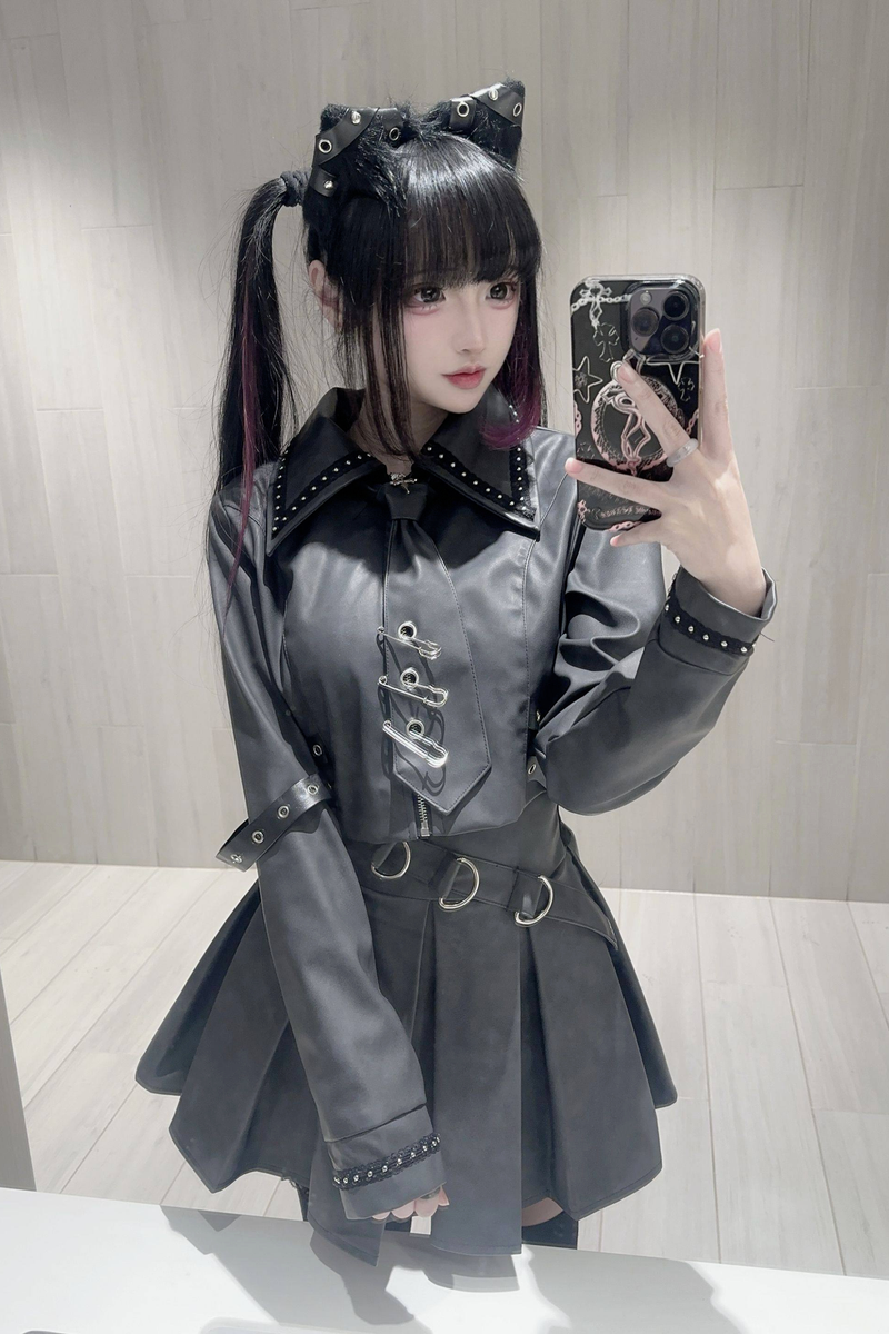 Gothic Matte Leather Dark Girl Top + Skirt