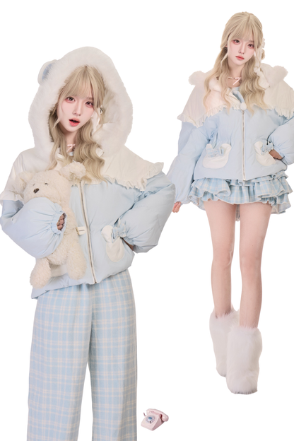 Teddy Down Jacket + Knit Top + Plaid Pants