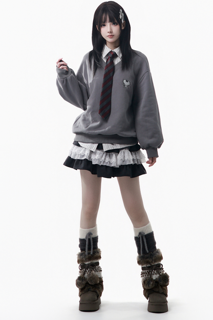 Big Fur Collar Jacket + Top + Skirt + Pants + Plaid Hooded Jacket