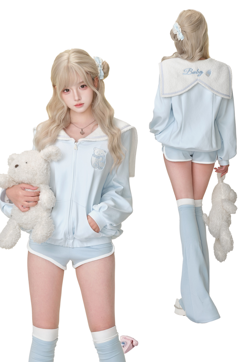 Milk Blue Sporty Hoodie + Halter Neck Suspender + Sports Shorts