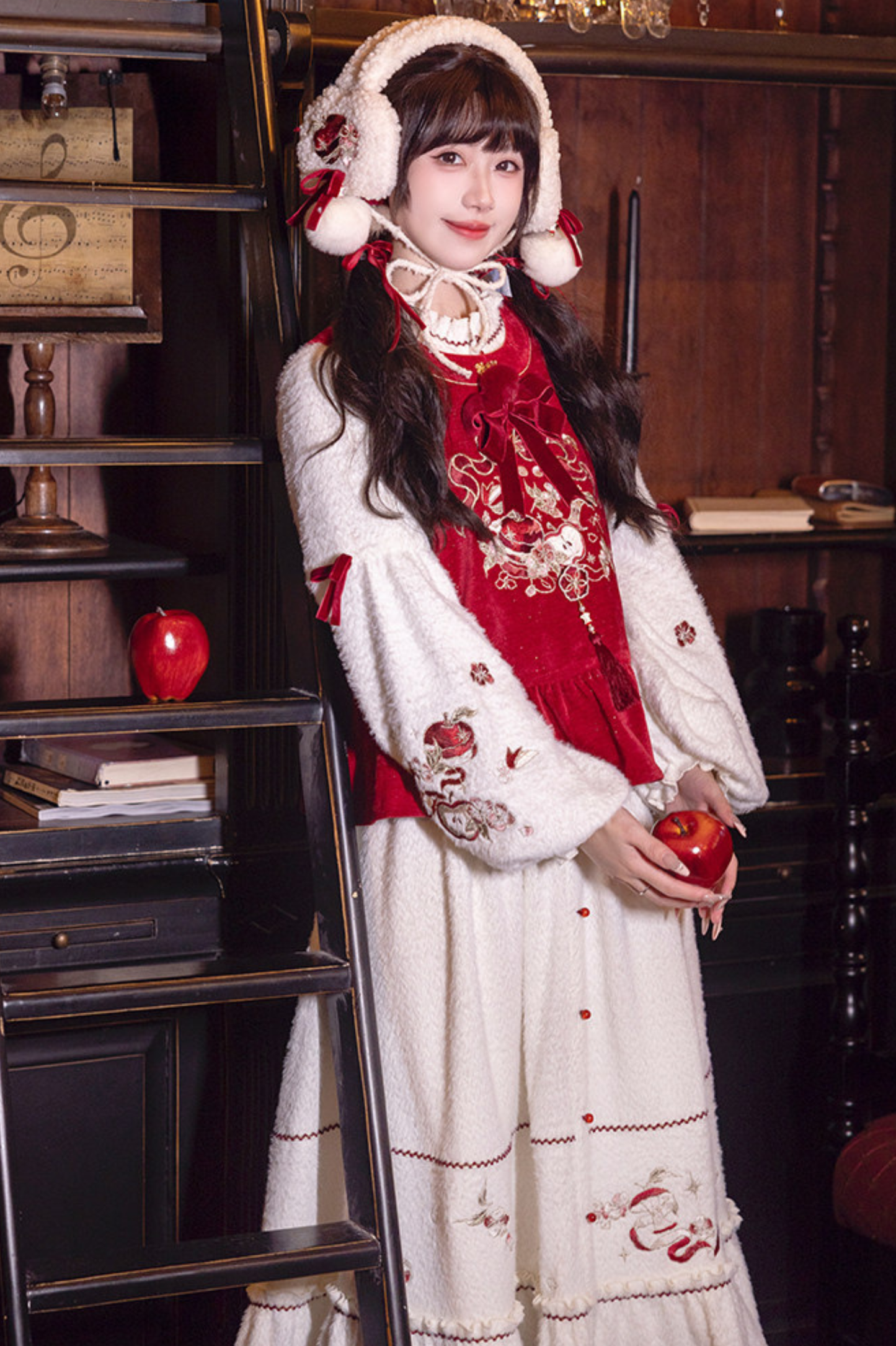 Chinese-style Dark Red Vest + Dress + Ear Cuffs