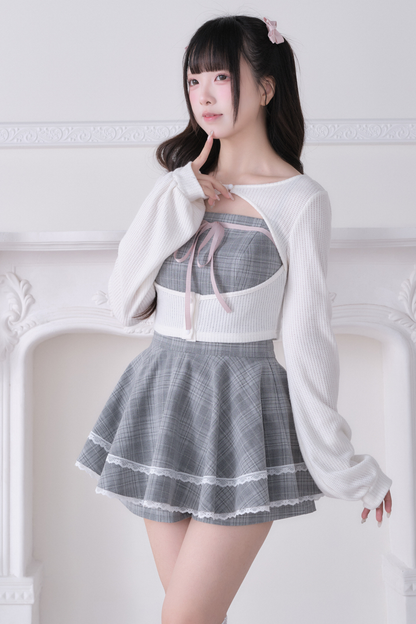 Lace Cardigan + Checkered Dress + Inner Pants