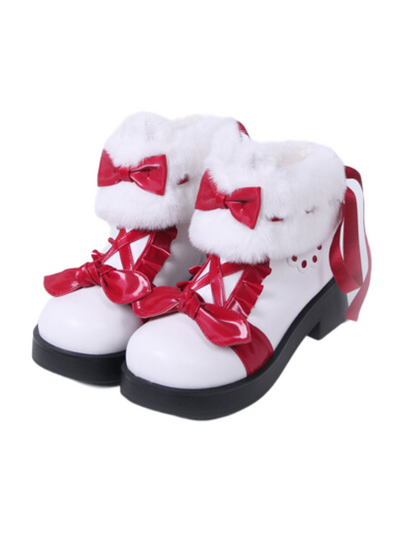 Snow Lolita Mid-heel Color Block Ribbon Sweet Velvet Short Boots
