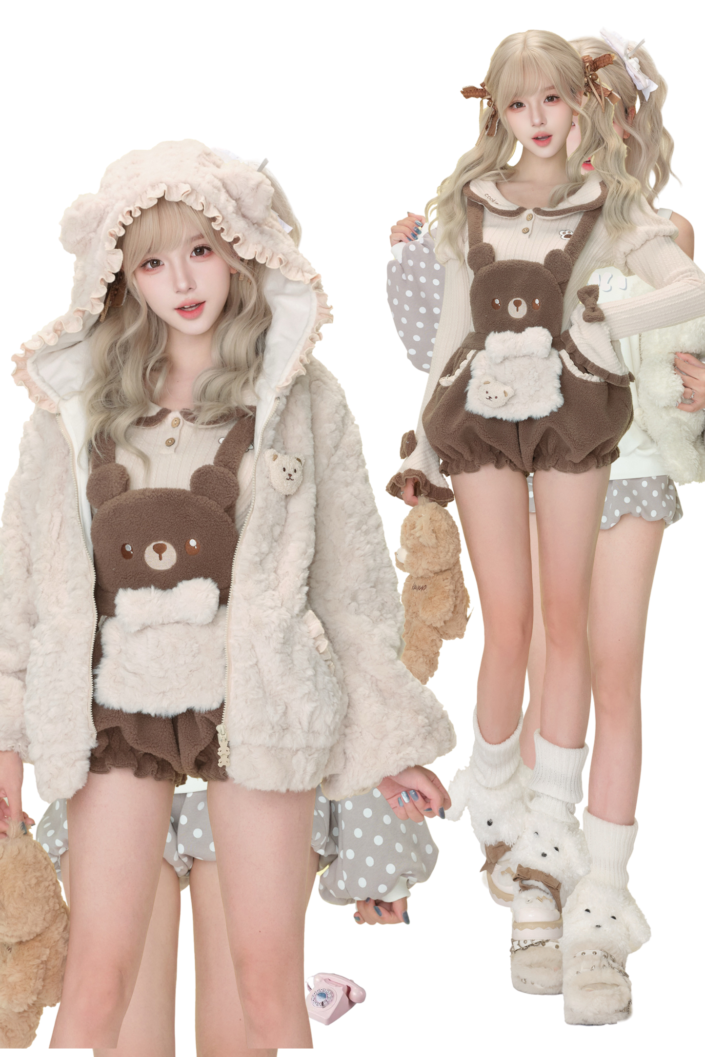 Bear Cake House Knit Top + Bear Suspender Pants + Bear Plush Jacket
