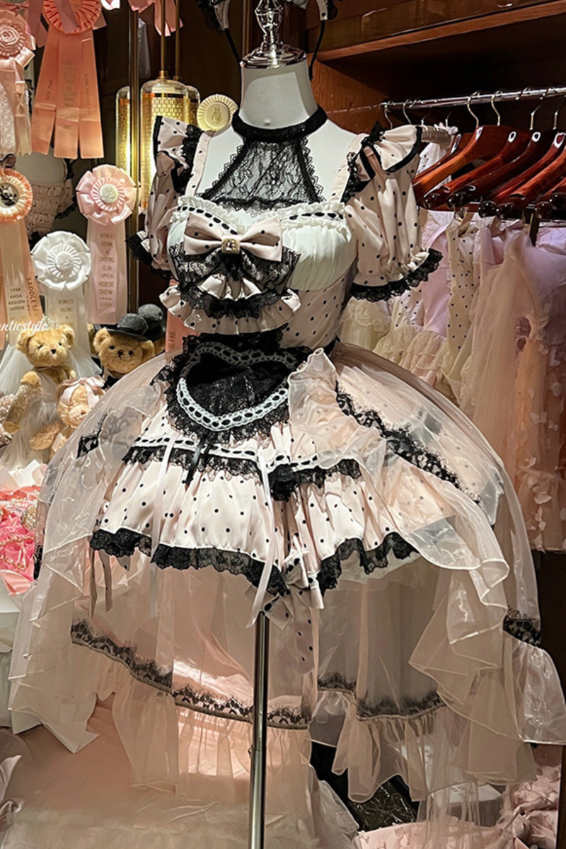 Sweet Little Dot Maid Lolita Dress + Apron + Head Accessory + Veil