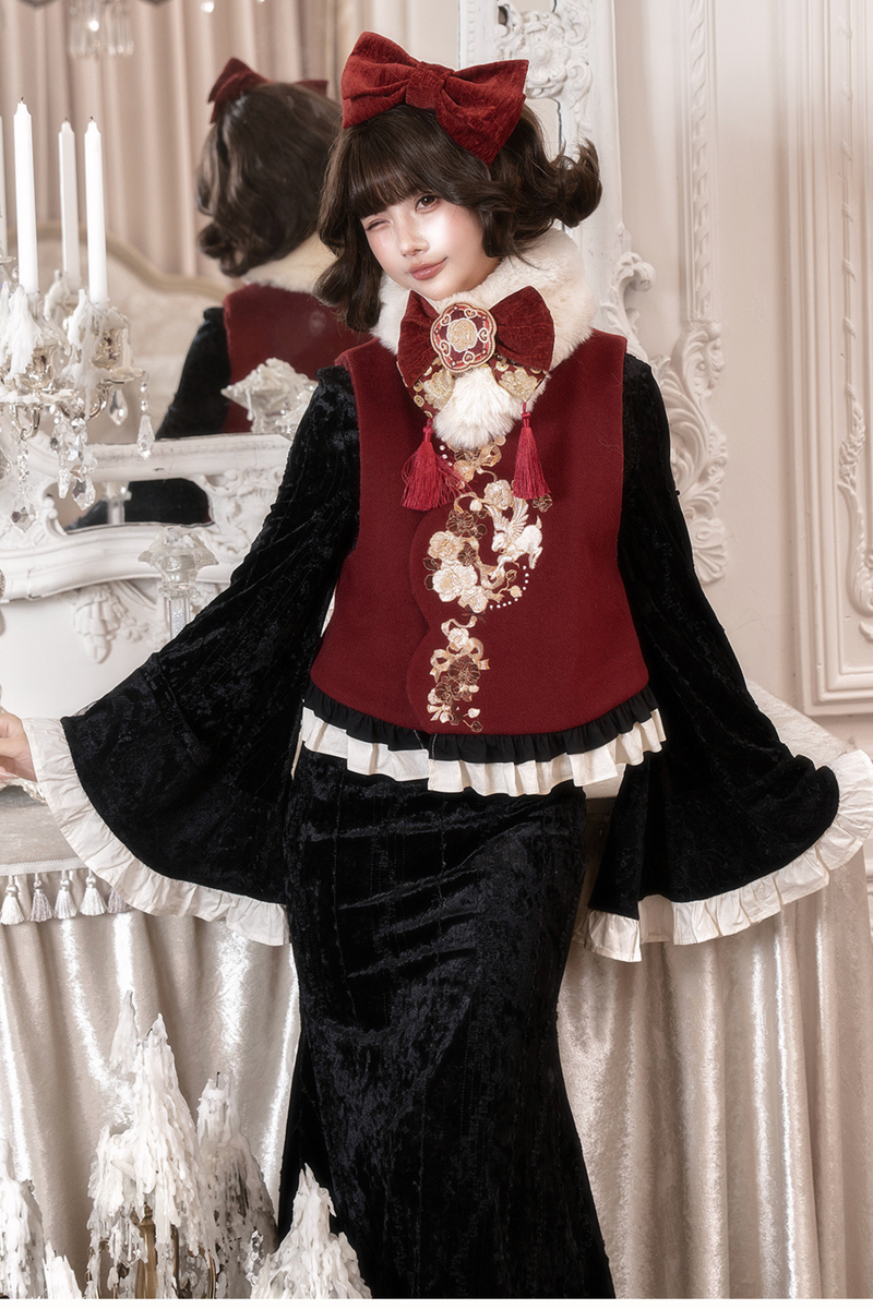 Retro Fish Tail Chinese-style Dress + Vest + Fur Scarf