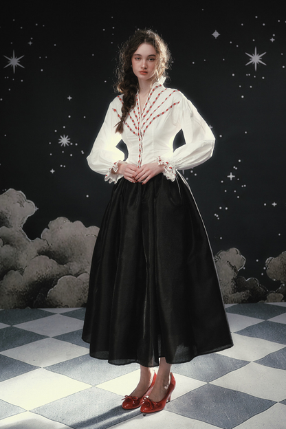 Lace Maid French Cotton Blouse + Flare Skirt