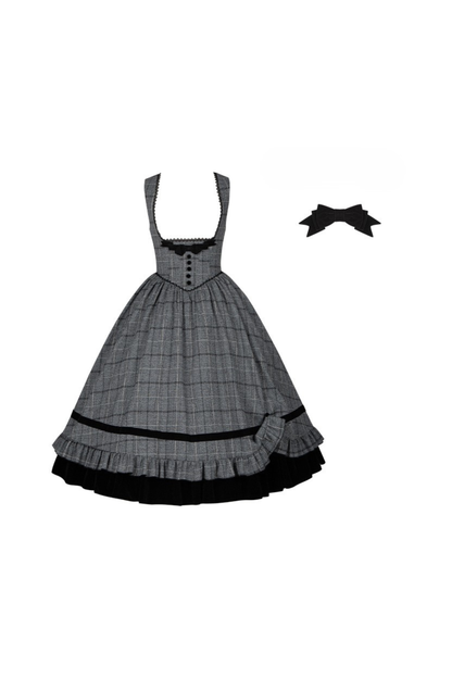 Plaid Fishbone Chest Jsk + Dress + Innerwear + Ribbon + Hat
