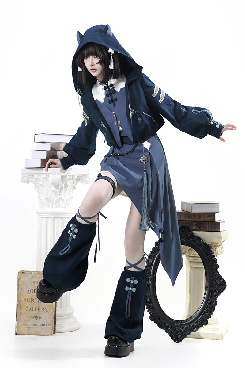 Subculture Cat Ear Hooded Jacket + Asymmetrical Dress + Leg Warmers + Ring