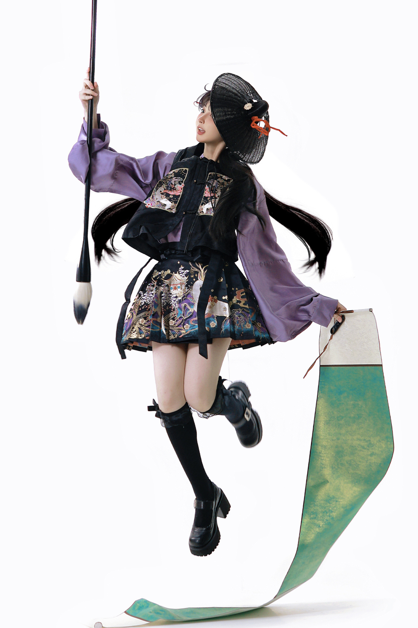 Dark Chinese-style Shirt + Vest + Skirt