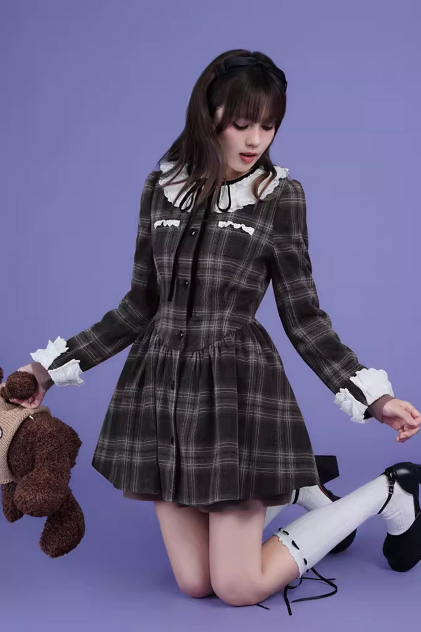 Lace Collar Wool Plaid Dress Coat