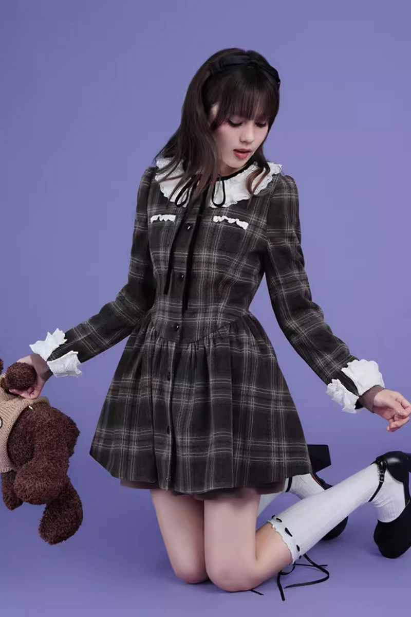 Lace Collar Wool Plaid Dress Coat