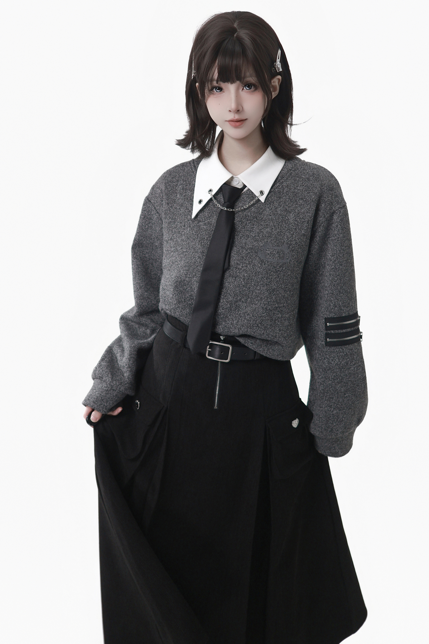 Gray Winter Preppy College Long Top + Short Top + Skirt + Pants + Shirt