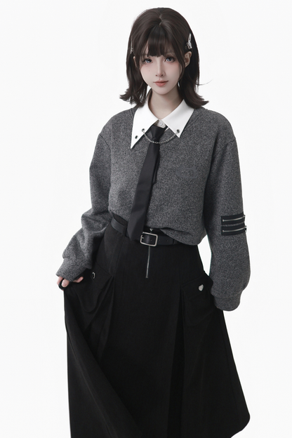 Gray Winter Preppy College Long Top + Short Top + Skirt + Pants + Shirt