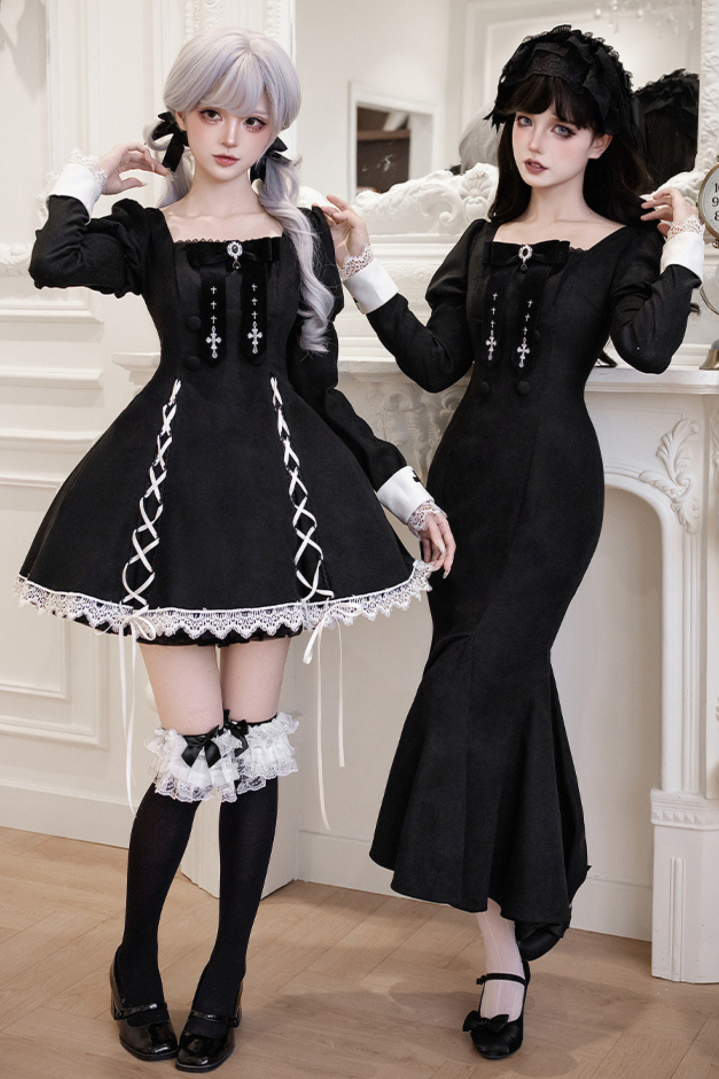 Mermaid Dress + Lace-up Short Dress + Cloak + Collar + Ribbon Brooch