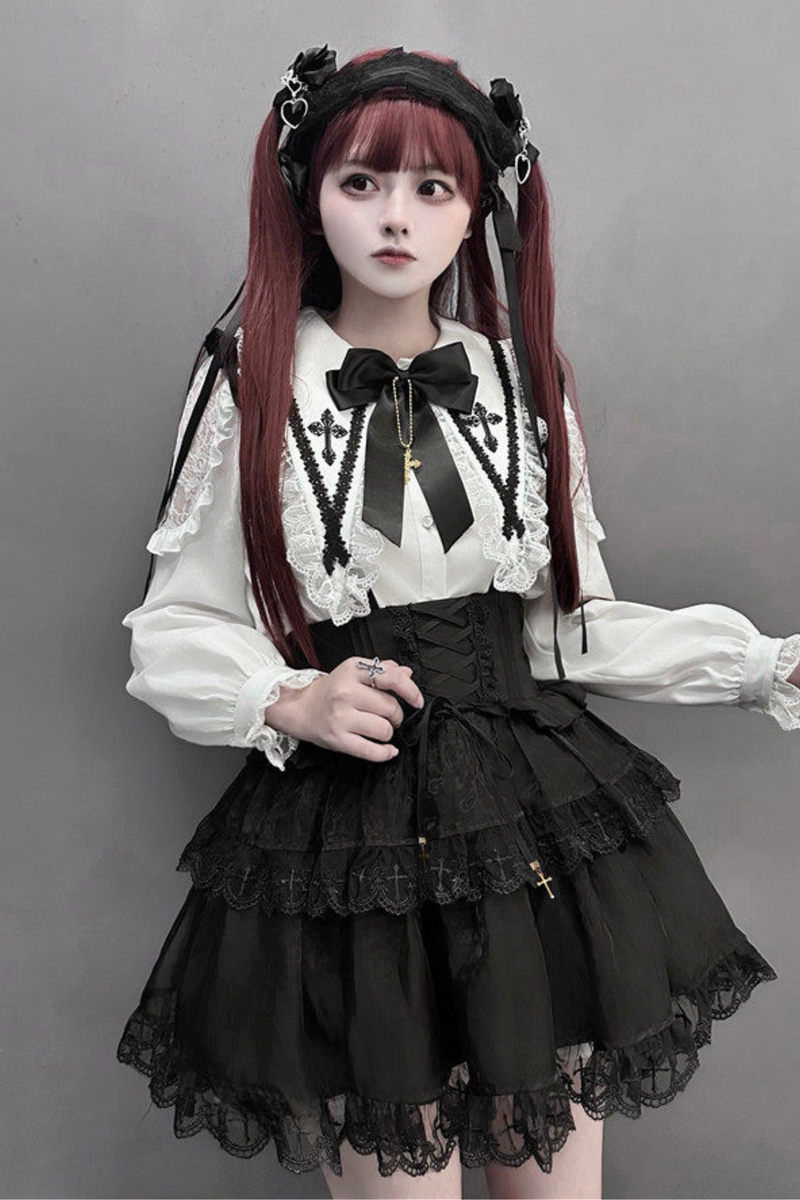 Holy Cross Flutter Sleeve Suspender Skirt + Shirt