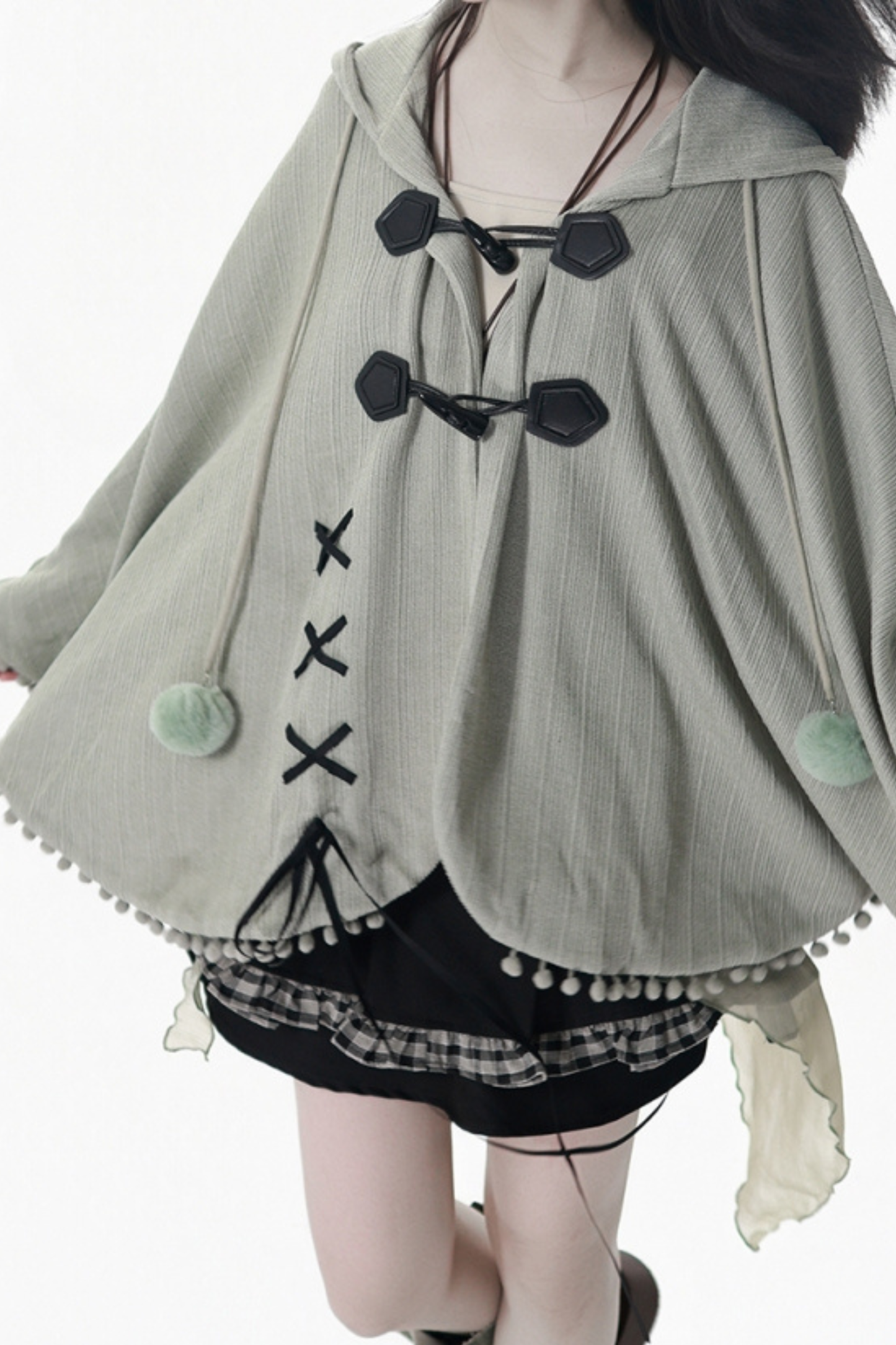 Plaid Ribbon Camisole Two Piece Jacket + Cape Coat + Skirt
