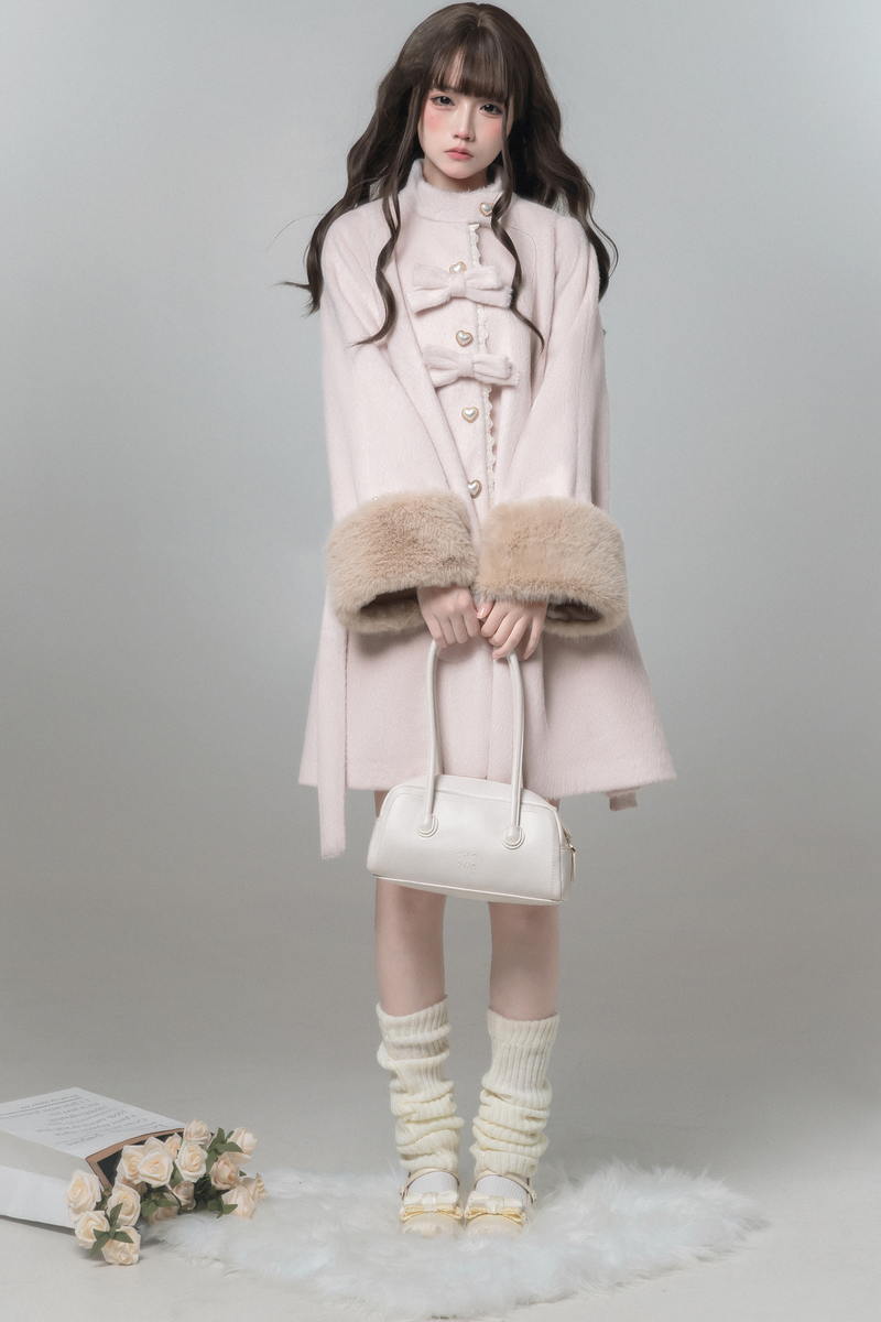 Sweet Girly Ribbon Flared Coat + Fur Collar + Shirt + Skirt + Beret