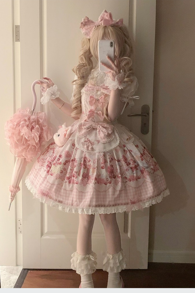 [pre-order Deadline: May 5] Pink Cherry Print Lace Ribbon Bunny Ear Apron Jsk Dress + Accessories