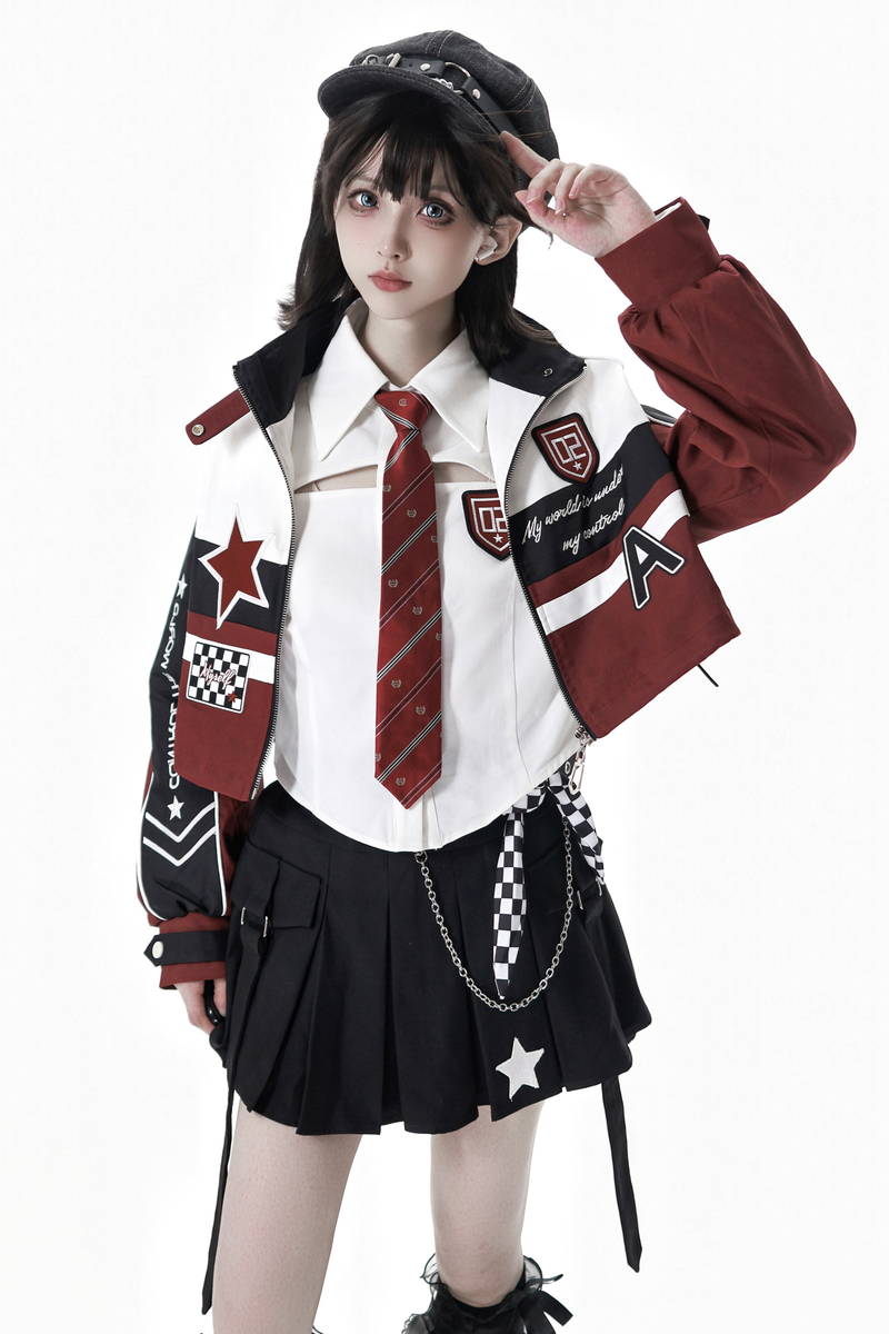 Biker Jacket + Shirt With Tie + Skirt + Belt