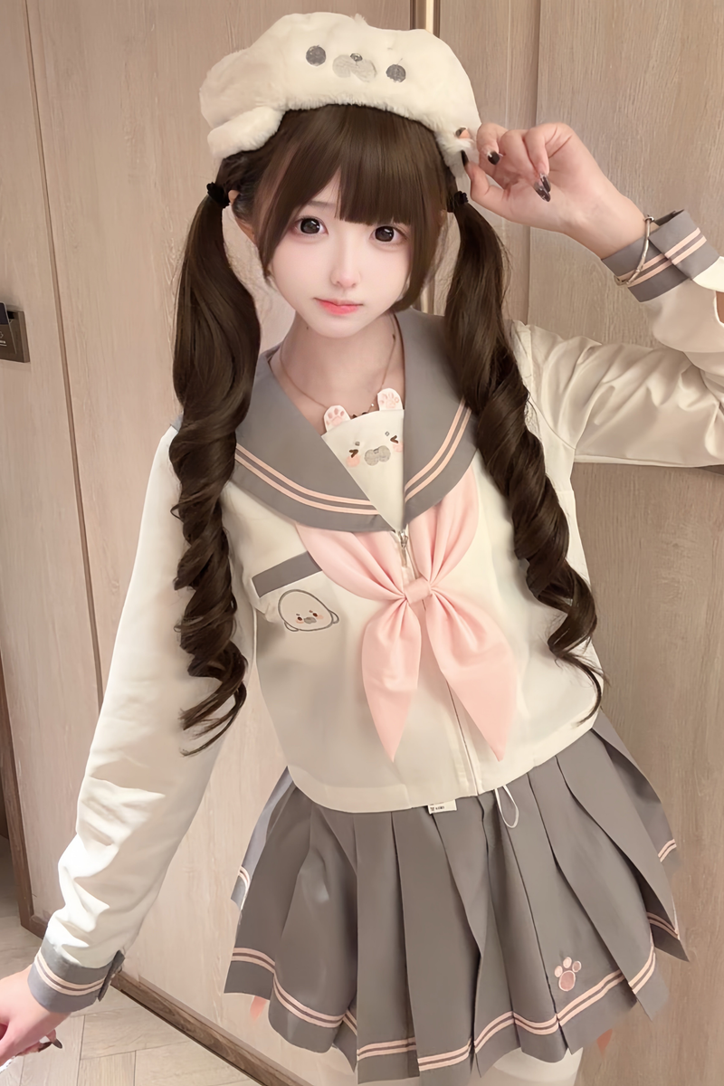 Sweet Girly Sailor Top + Skirt + Ribbon + Brooch