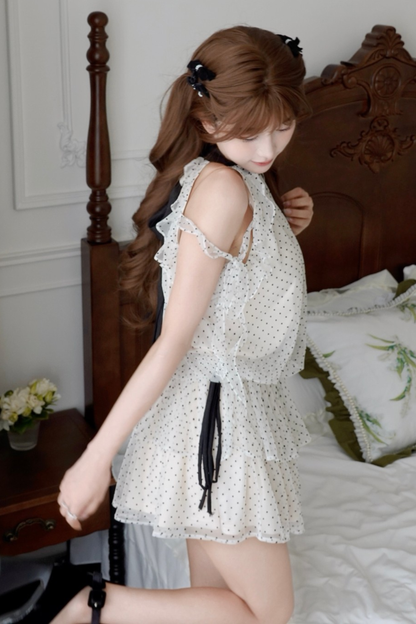 Off Shoulder Polka Dot Ribbon Dress