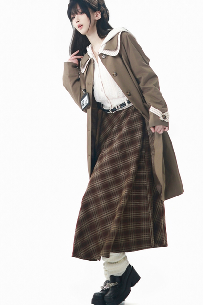 Maple Trench Coat + Hooded Top + Checkered Skirt + Shirt Dress