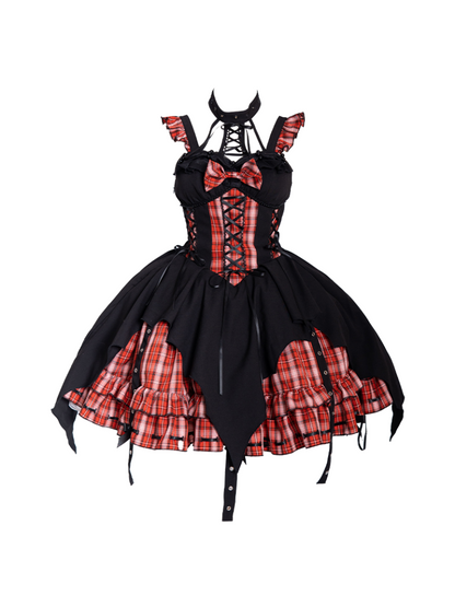 Punk Rock Halterneck Irregular Plaid Suspender Dress + Head Accessories