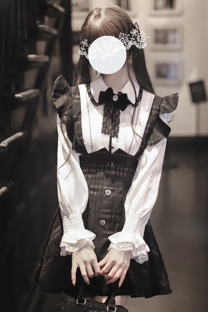 Ruffle Plaid Short Suspender Skirt + Shirt + Ribbon