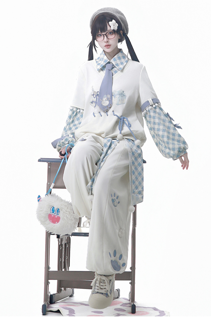 Digital Plaid Top + Wide Pants + Belt + Tie