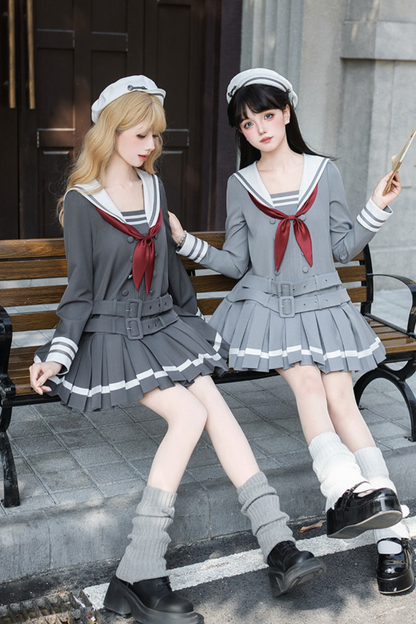 Sailor Collar Pleated College Dress + Ribbon + Hat