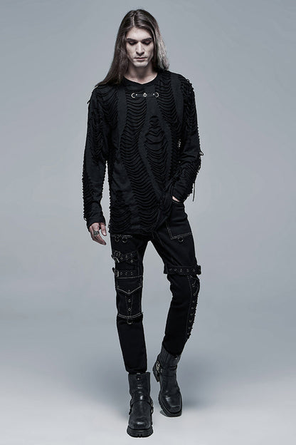 Black Round Collar Long Sleeves Double-layered Ripped Gothic Blouse