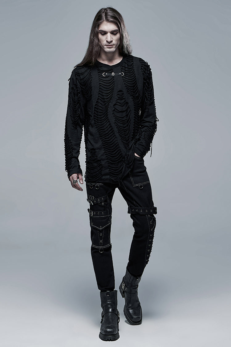 Black Round Collar Long Sleeves Double-layered Ripped Gothic Blouse