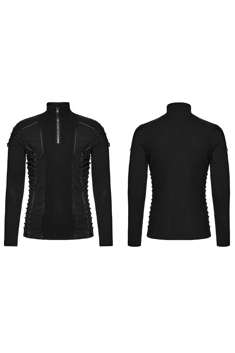 Black Long Sleeves Rivet Zipper Drawstring Punk Blouse