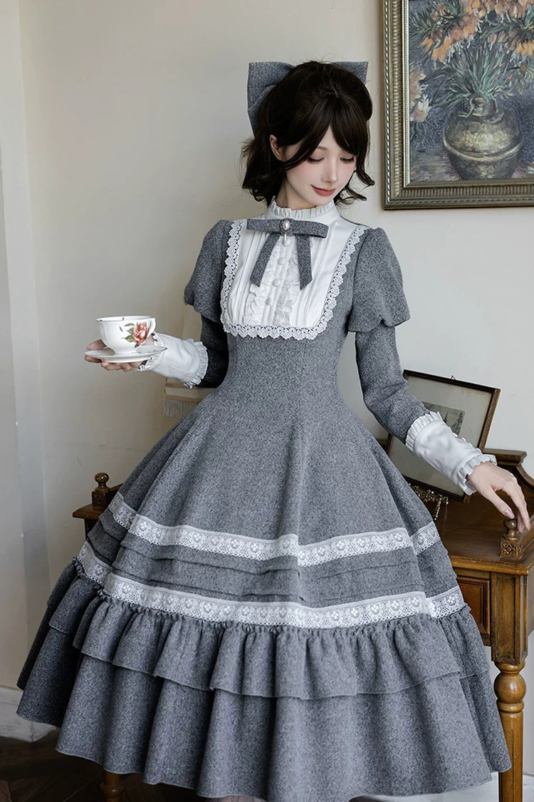 Grey [letters and Poems · Old Memories] Stand Collar Long Sleeves Double-layered Ruffled Bow Classic Lolita Dress 2 Versions