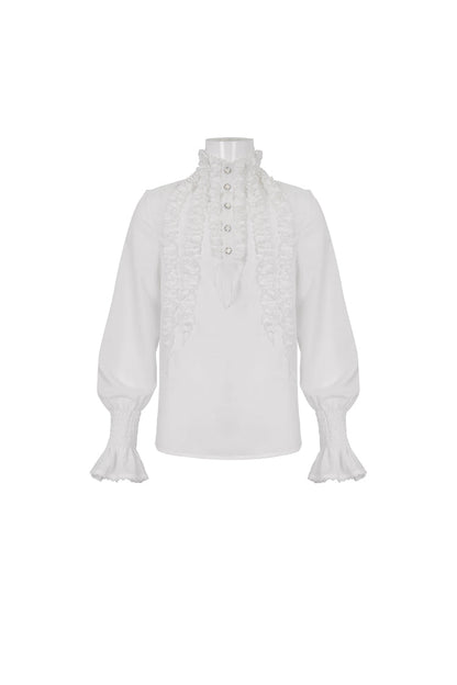 White Irregular Stand Collar Puff Sleeved Ruffled Gothic Shirt