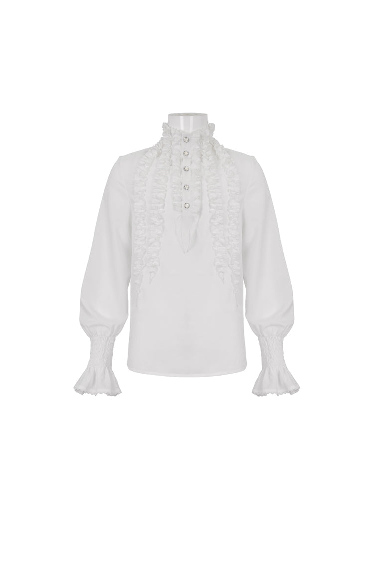 White Irregular Stand Collar Puff Sleeved Ruffled Gothic Shirt